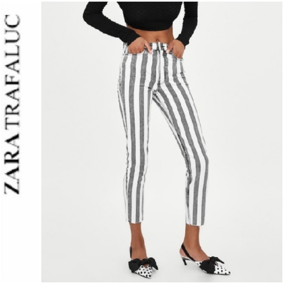 Zara TFL Stripes Skinny Raw Hems Jeans Sz 8